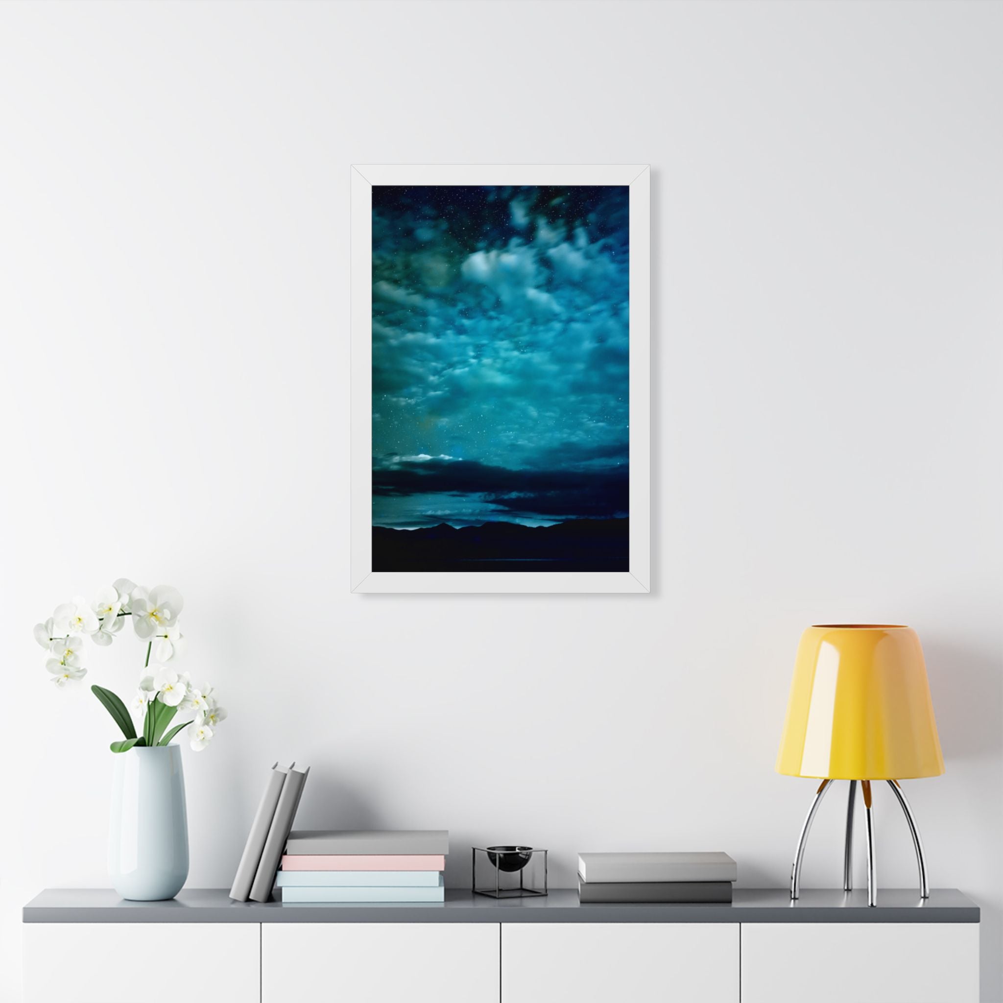 Serene Blue Sunrise Framed Poster - Calm Lake Landscape Wall Art