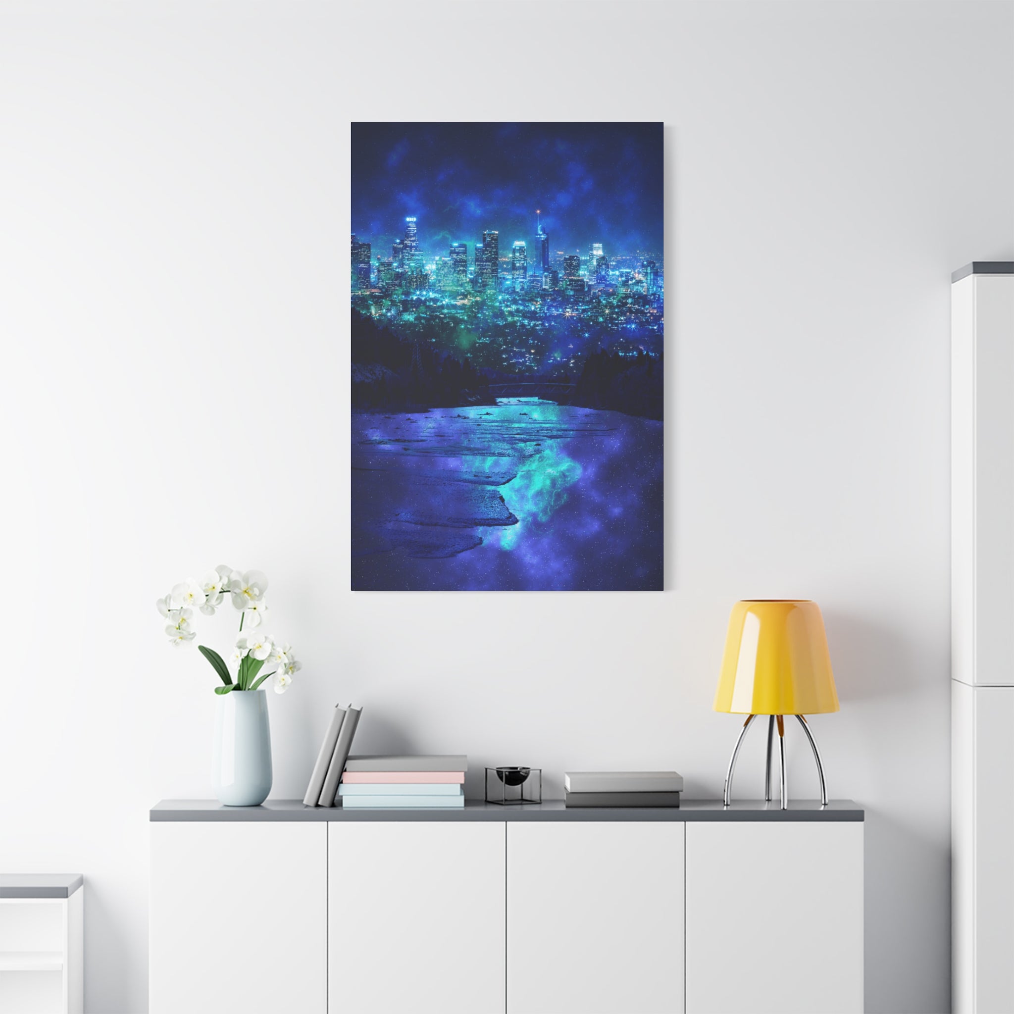 Cosmic Frosted City Canvas Art - Winter Metropolitan Nightscape