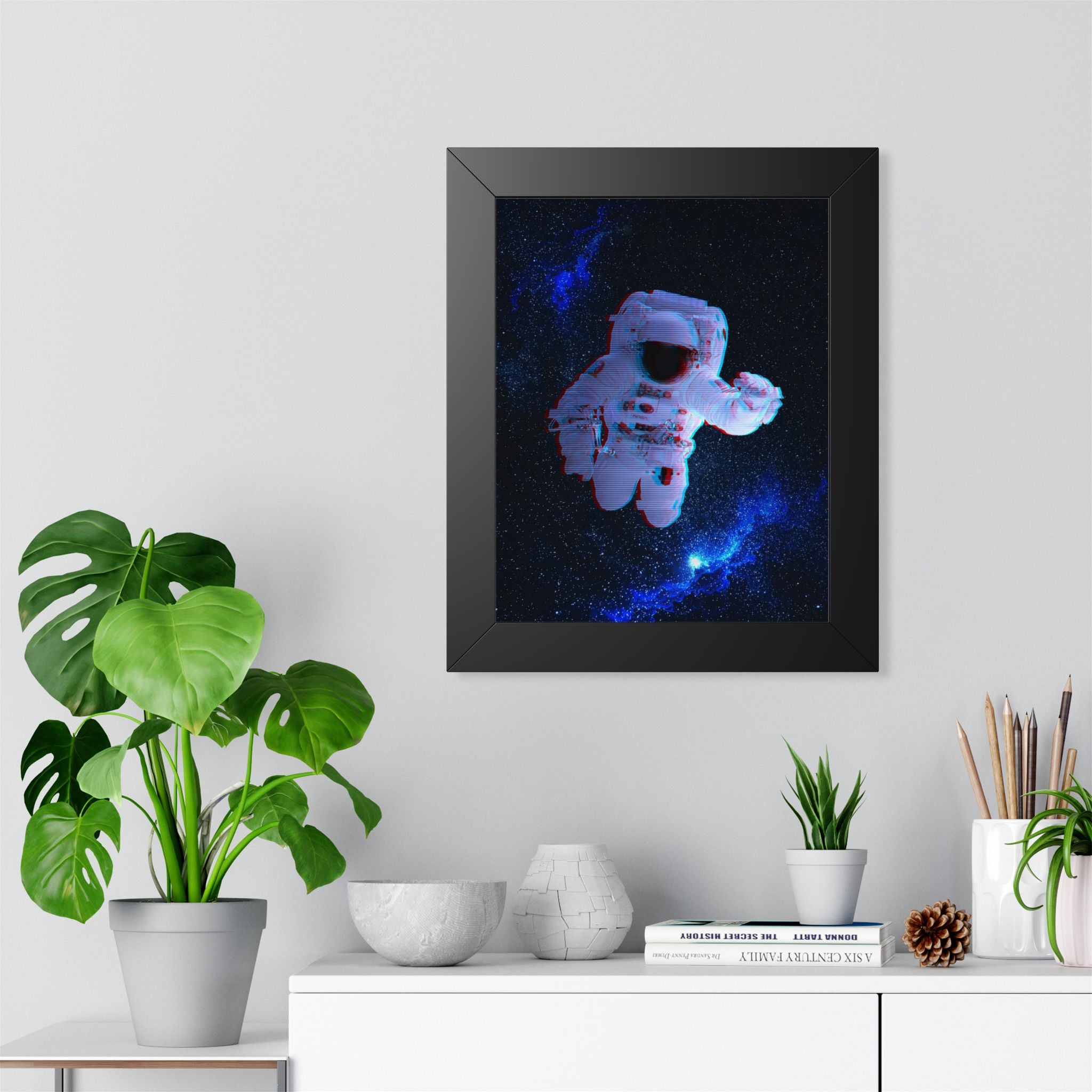 Scanline Spaceman Framed Poster - Retro CRT Astronaut Wall Art