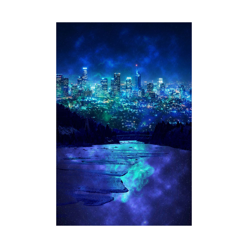 Cosmic Frosted City Skyline Poster Print - Galactic Cityscape