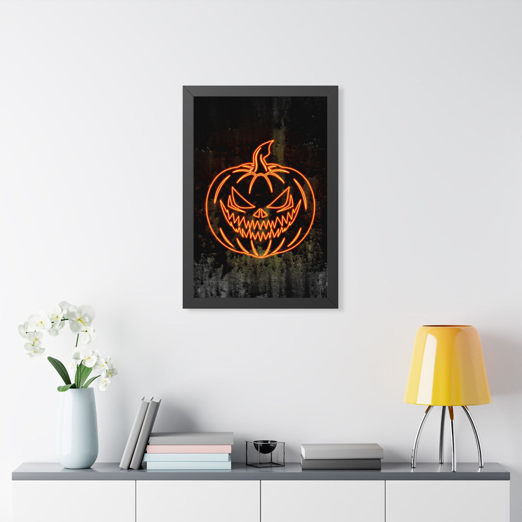 Neon Pumpkin Framed Poster - Spooky Halloween Wall Art