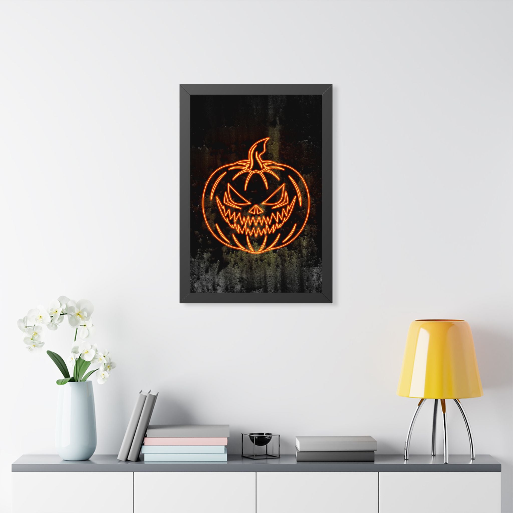 Neon Pumpkin Framed Poster - Spooky Halloween Wall Art