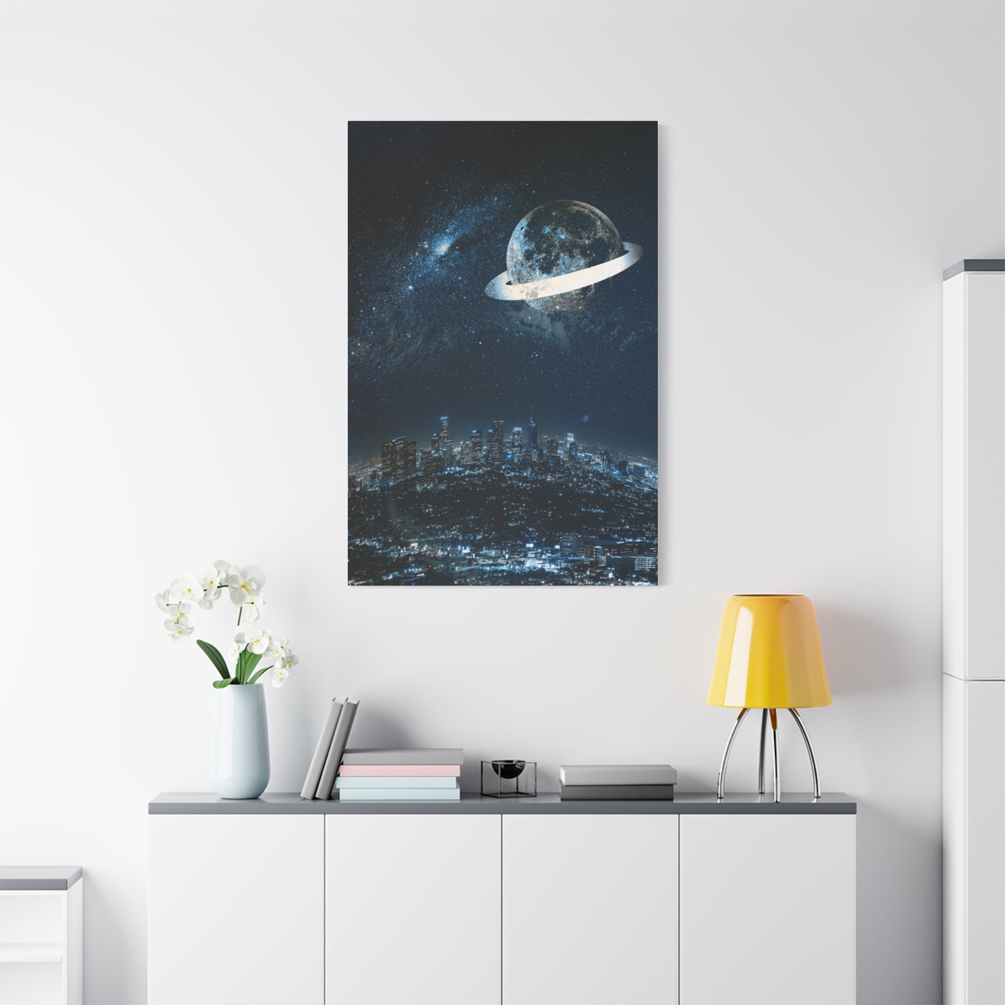 Starlight Cityscape Under a Celestial Moon Canvas Wall Art