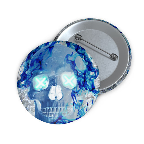 Blue Flame Skull Pin - Gothic Fire Art Button — 2.25 in