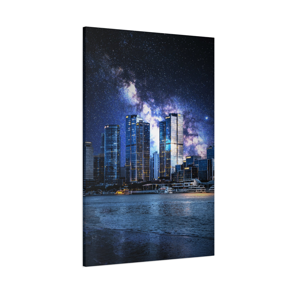 Space Cityscape on the Shore Canvas Wall Art - Neon Sci-Fi Coast Decor