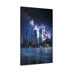 Space Cityscape on the Shore Canvas Wall Art - Neon Sci-Fi Coast Decor