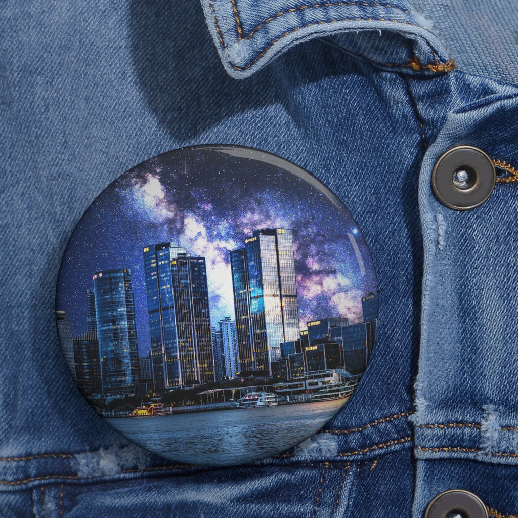 Space Cityscape on the Shore Pin - Neon Night Coast Art Button