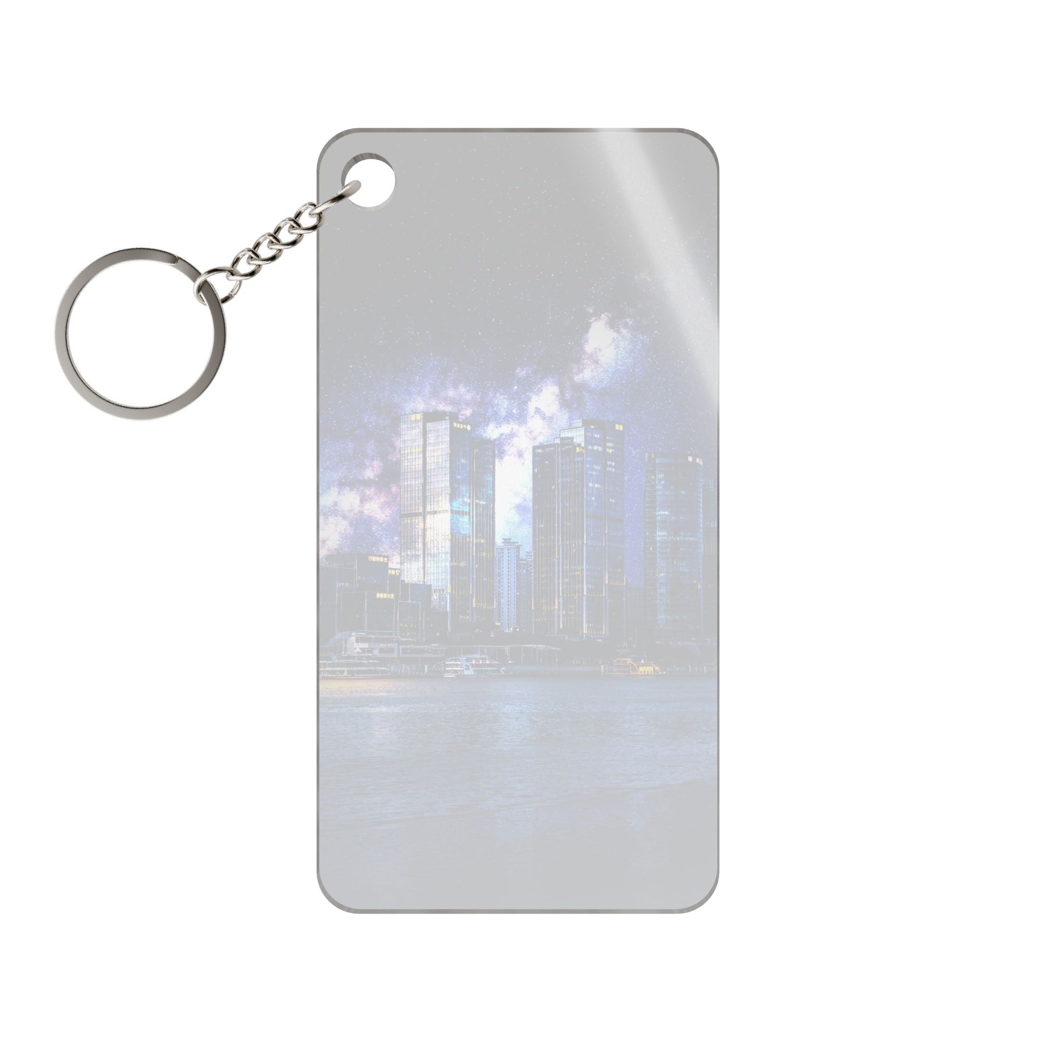 Space Cityscape on the Shore Keychain - Neon Sci-Fi Coast Acrylic Charm