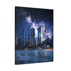 Space Cityscape on the Shore Canvas Wall Art - Neon Sci-Fi Coast Decor