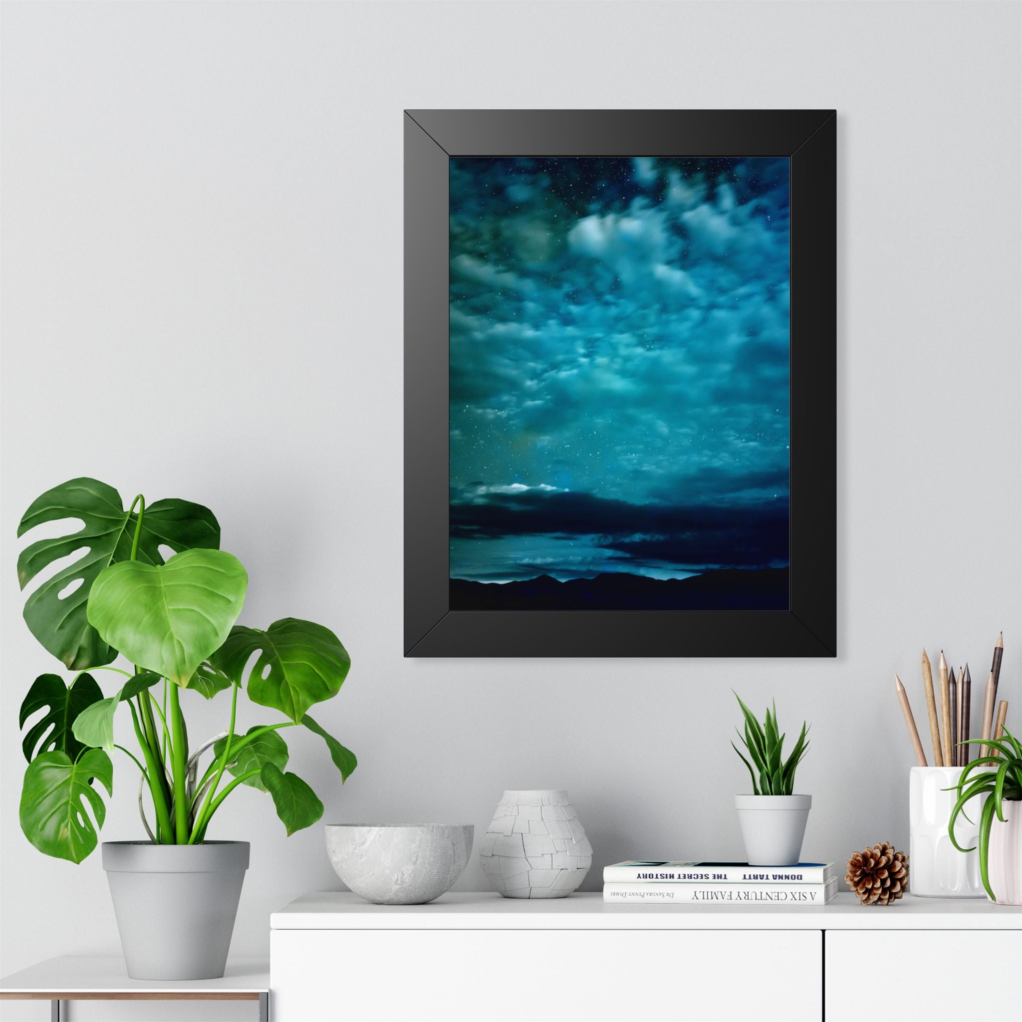 Serene Blue Sunrise Framed Poster - Calm Lake Landscape Wall Art
