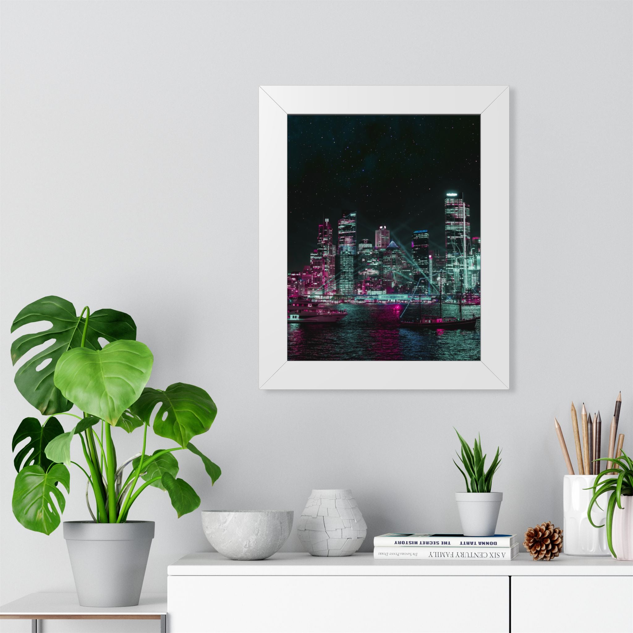 Cyberpunk Harbor Buildings Poster - Neon Cityscape Art Print