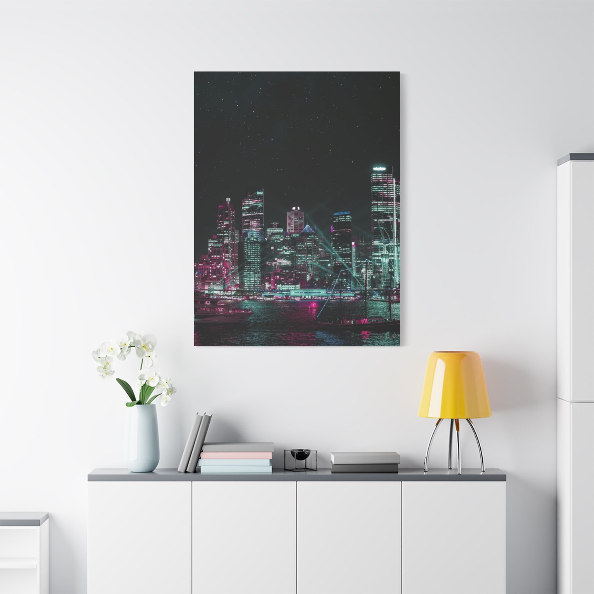 Cyberpunk Harbor Canvas Wall Art - Futuristic Sci-Fi City Decor