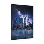 Space Cityscape on the Shore Canvas Wall Art - Neon Sci-Fi Coast Decor
