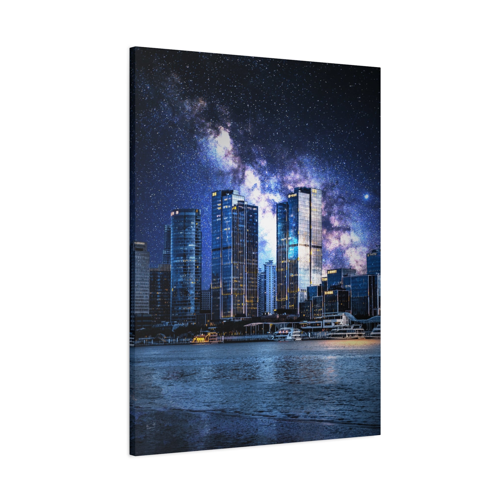 Space Cityscape on the Shore Canvas Wall Art - Neon Sci-Fi Coast Decor
