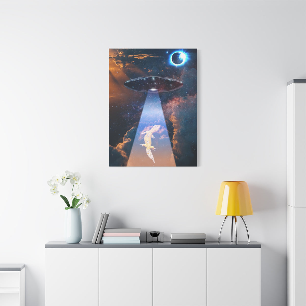 Space Lizards Canvas Wall Art - Lizard Being Abducted Ufo Decor