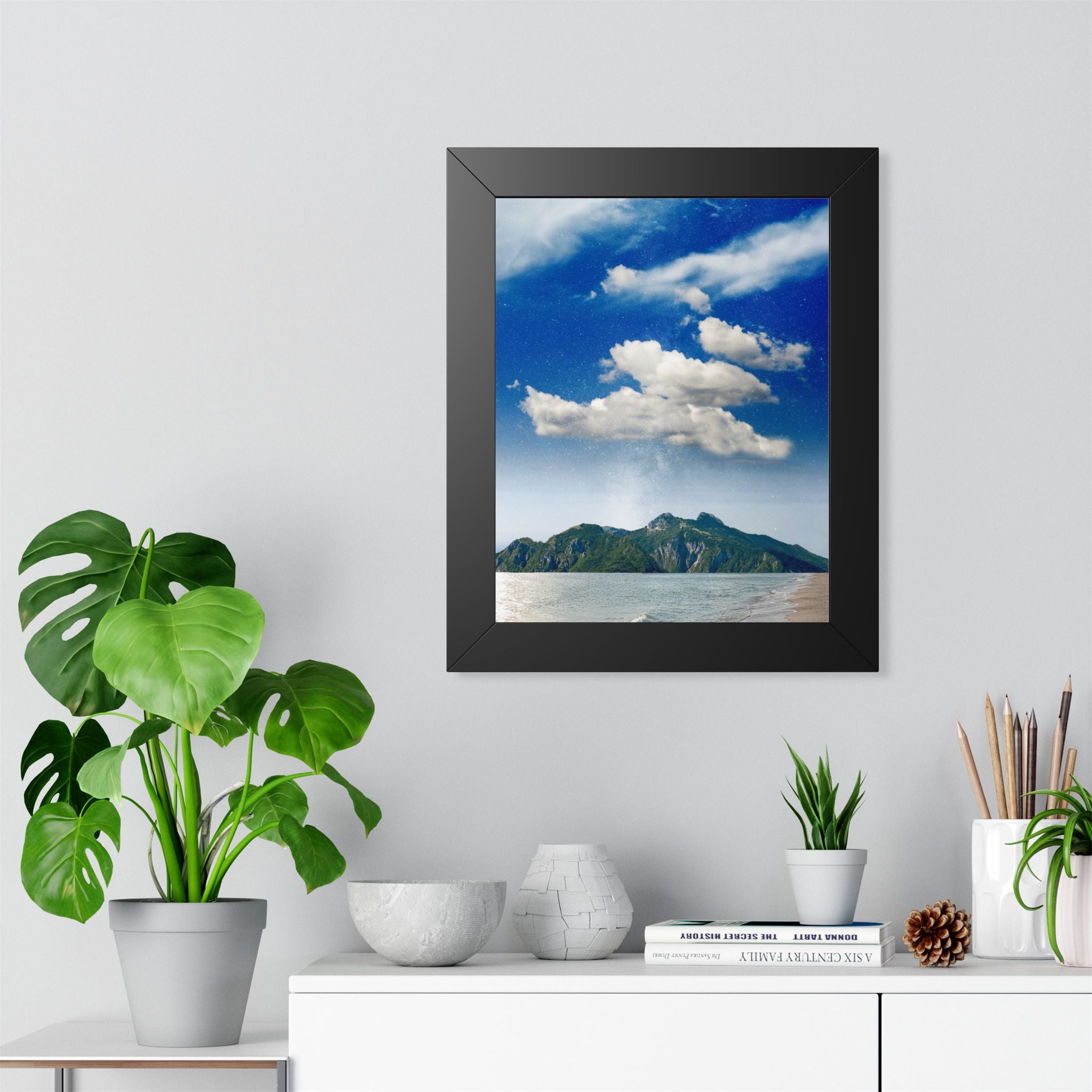 Star-Filled Shoreline Framed Vertical Poster - Stunning Ocean View Art for Home & Office Décor