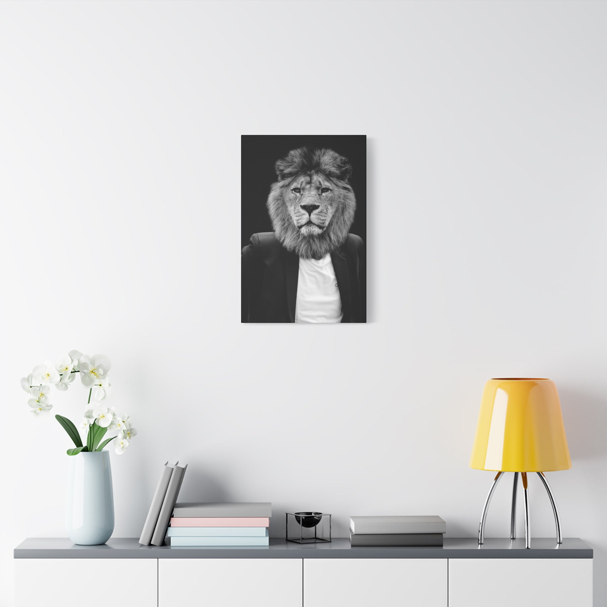 Lion in a Suit Canvas Wall Art - Modern Quirky Animal Portrait