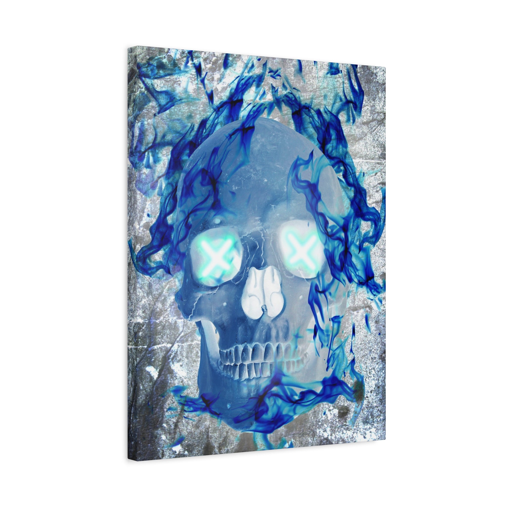 Blue Flame Skull Canvas Wall Art - Gothic Dark Fantasy Decor