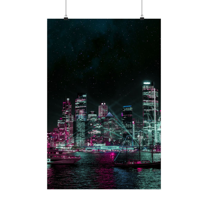 Cyberpunk Harbor Buildings Poster - Neon Cityscape Art Print