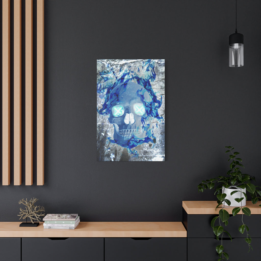 Blue Flame Skull Gothic Canvas Art - Edgy Fire Skeleton Decor