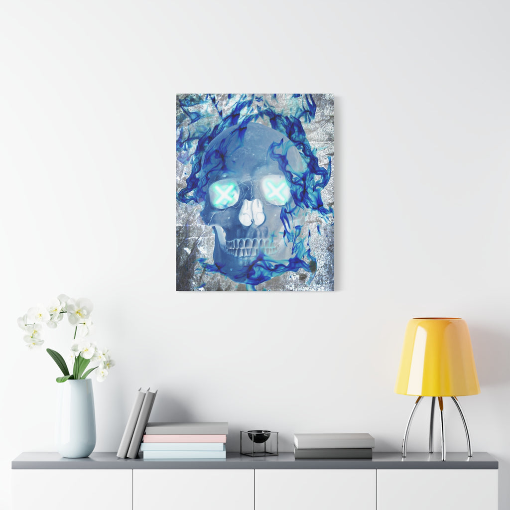 Blue Flame Skull Canvas Wall Art - Gothic Dark Fantasy Decor