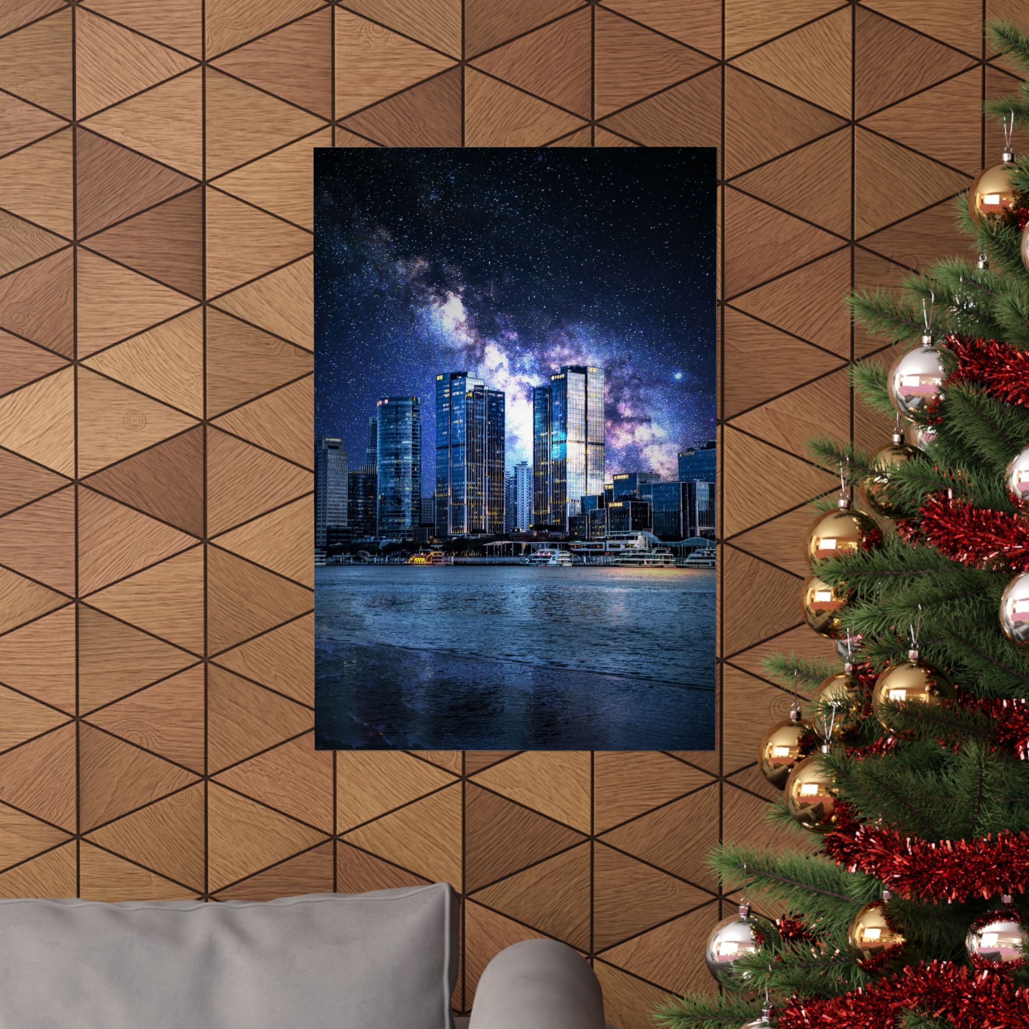 Space Cityscape on the Shore Poster - Neon Sci-Fi Coast Art Print