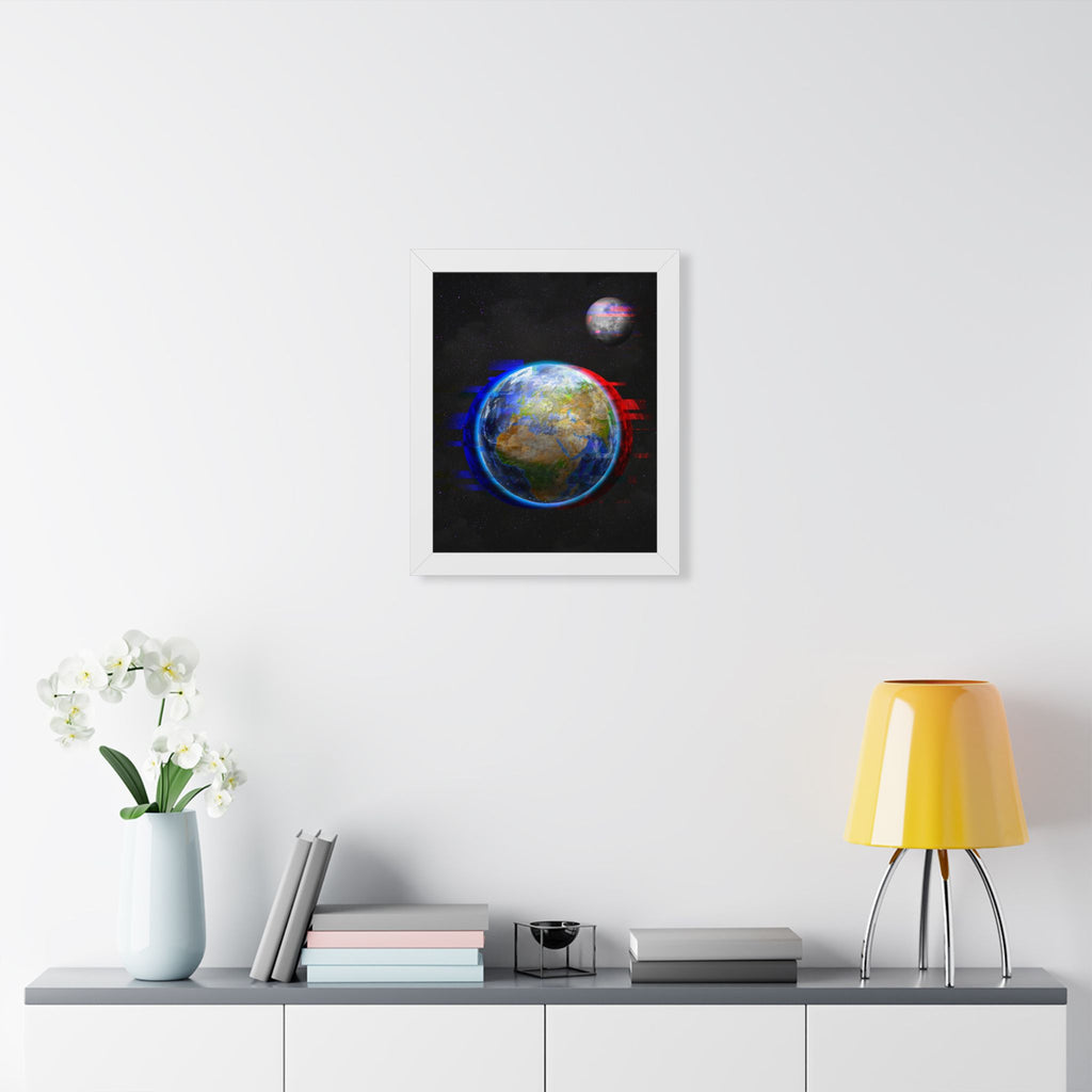 Earth Glitched Framed Poster - Digital Glitch Space Wall Art