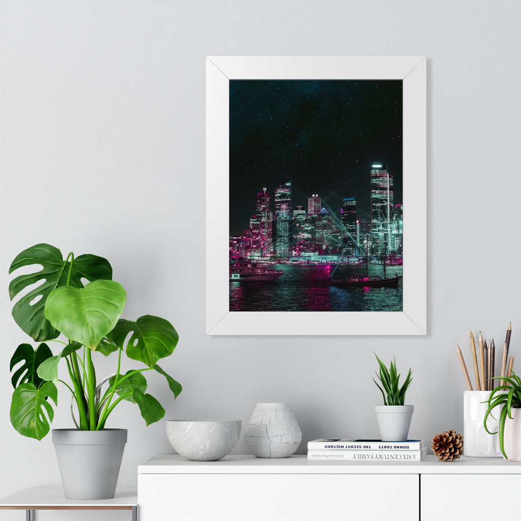 Cyberpunk Harbor Buildings Poster - Neon Cityscape Art Print