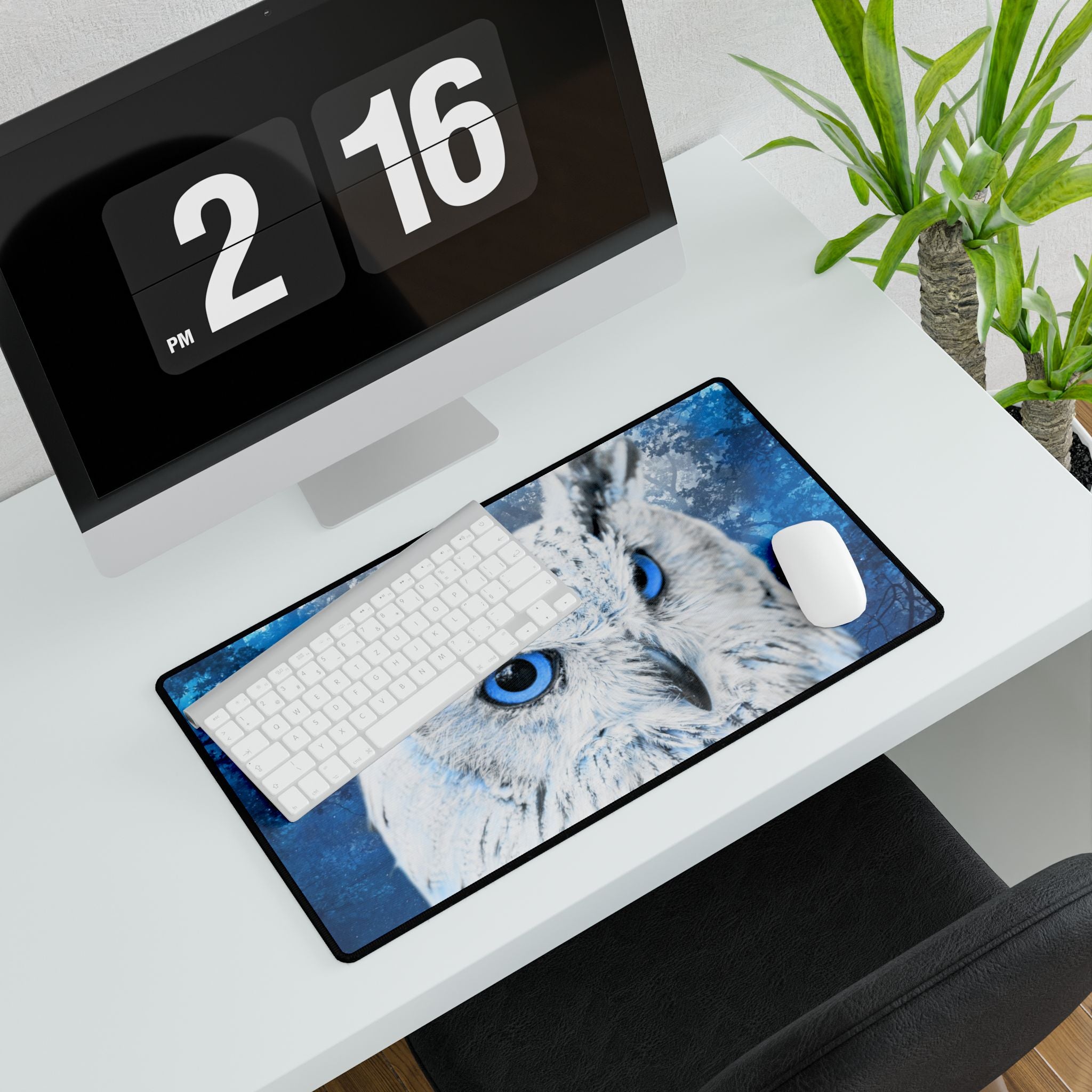 Frost Owl Desk Mat - Winter Forest Bird Mouse Pad