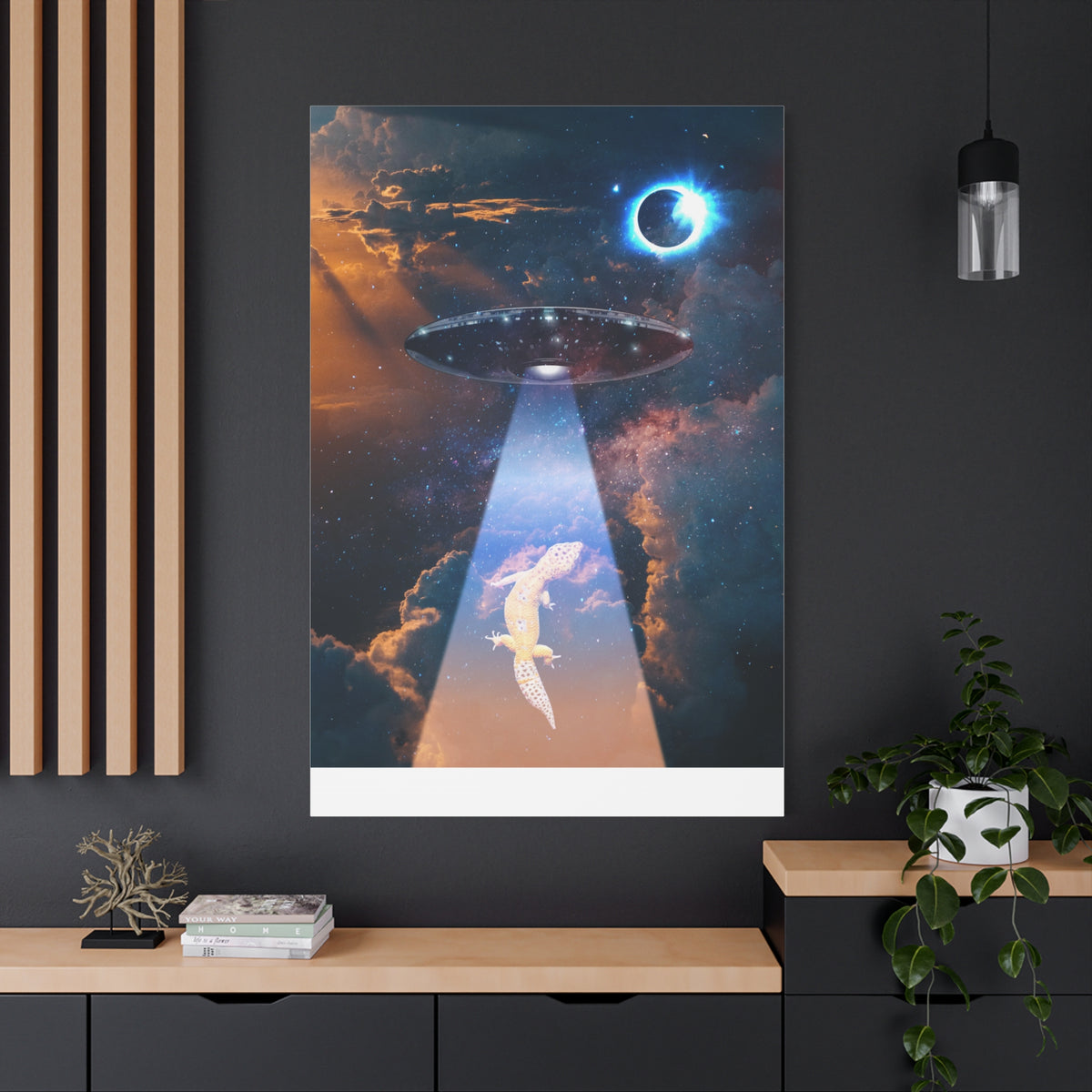 Space Lizards Canvas Wall Art - Lizard Being Abducted Ufo Decor