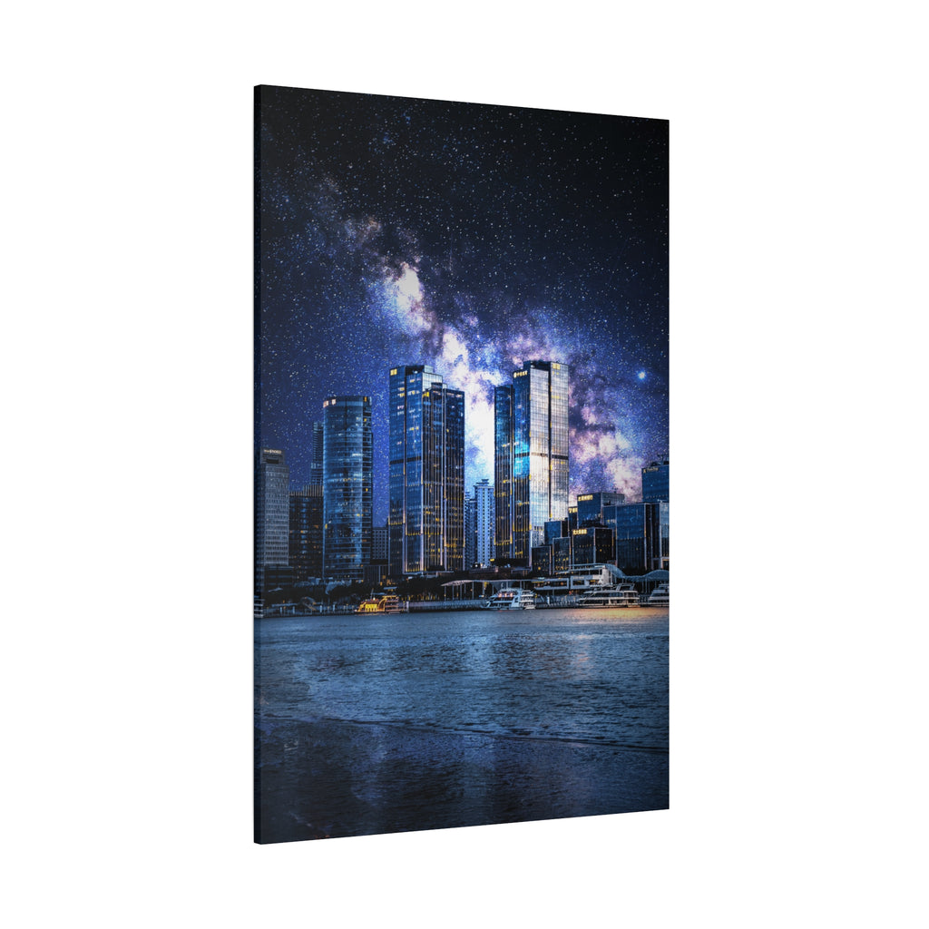 Space Cityscape on the Shore Canvas Wall Art - Neon Sci-Fi Coast Decor