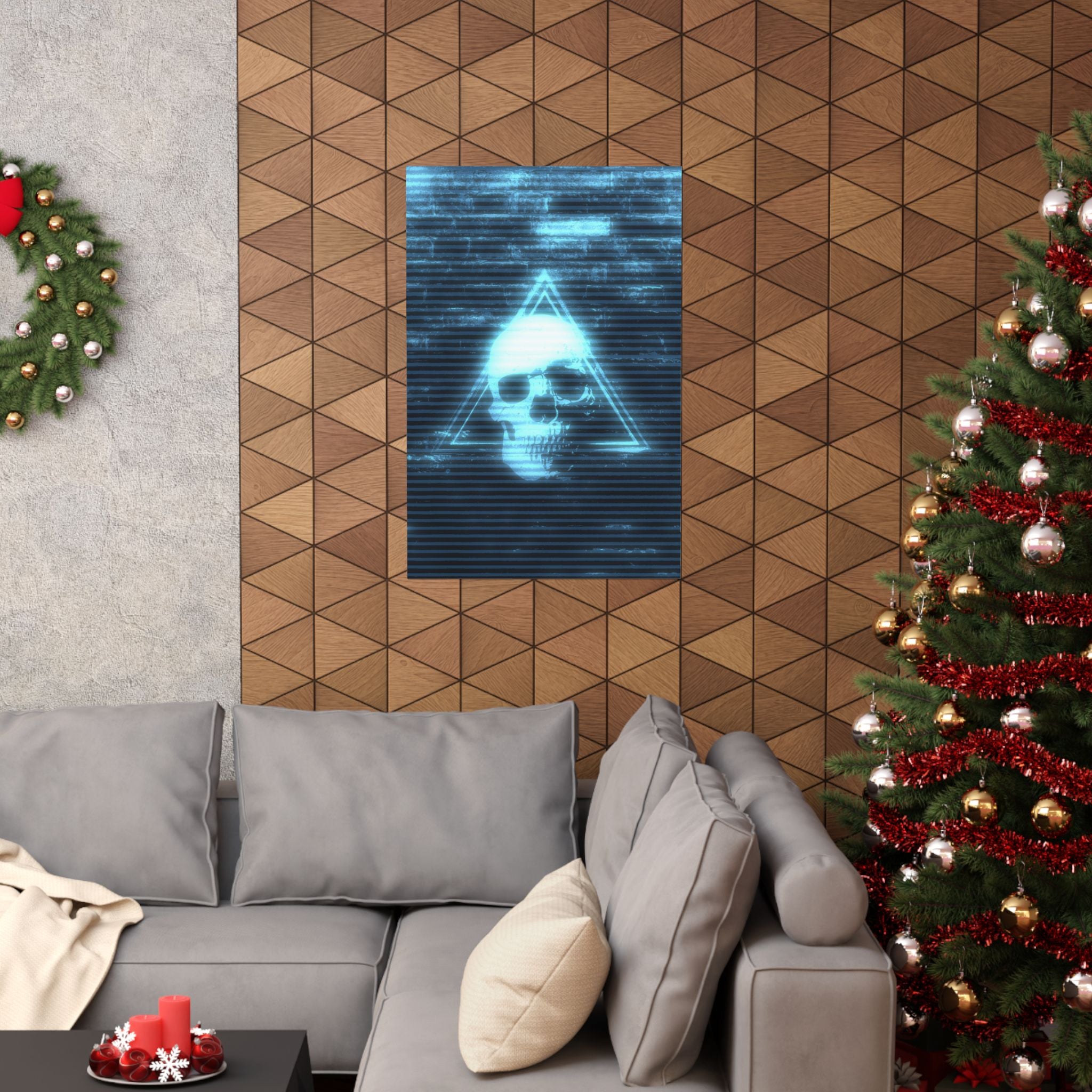 CRT Blue Skull Poster - Cyber-Noir Scanline Skull Art Print