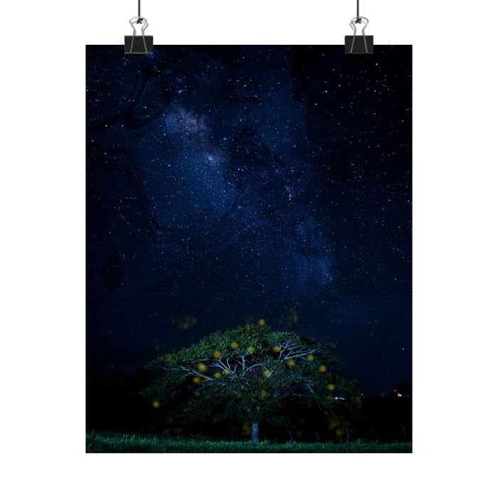 The Great Fairy Tree - Stunning Matte Vertical Poster for Home Decor - Night Sky Art Featuring Fireflies & Stars