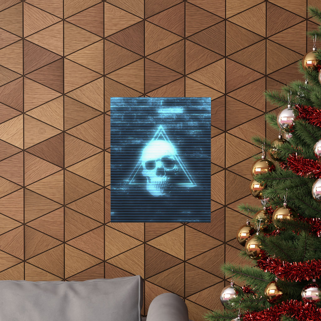 CRT Blue Skull Poster - Cyber-Noir Scanline Skull Art Print
