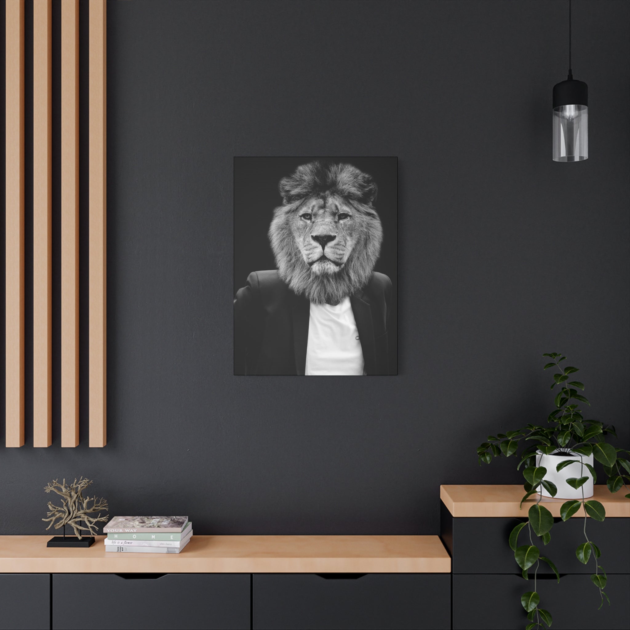 Lion in a Suit Canvas Wall Art - Modern Quirky Animal Portrait