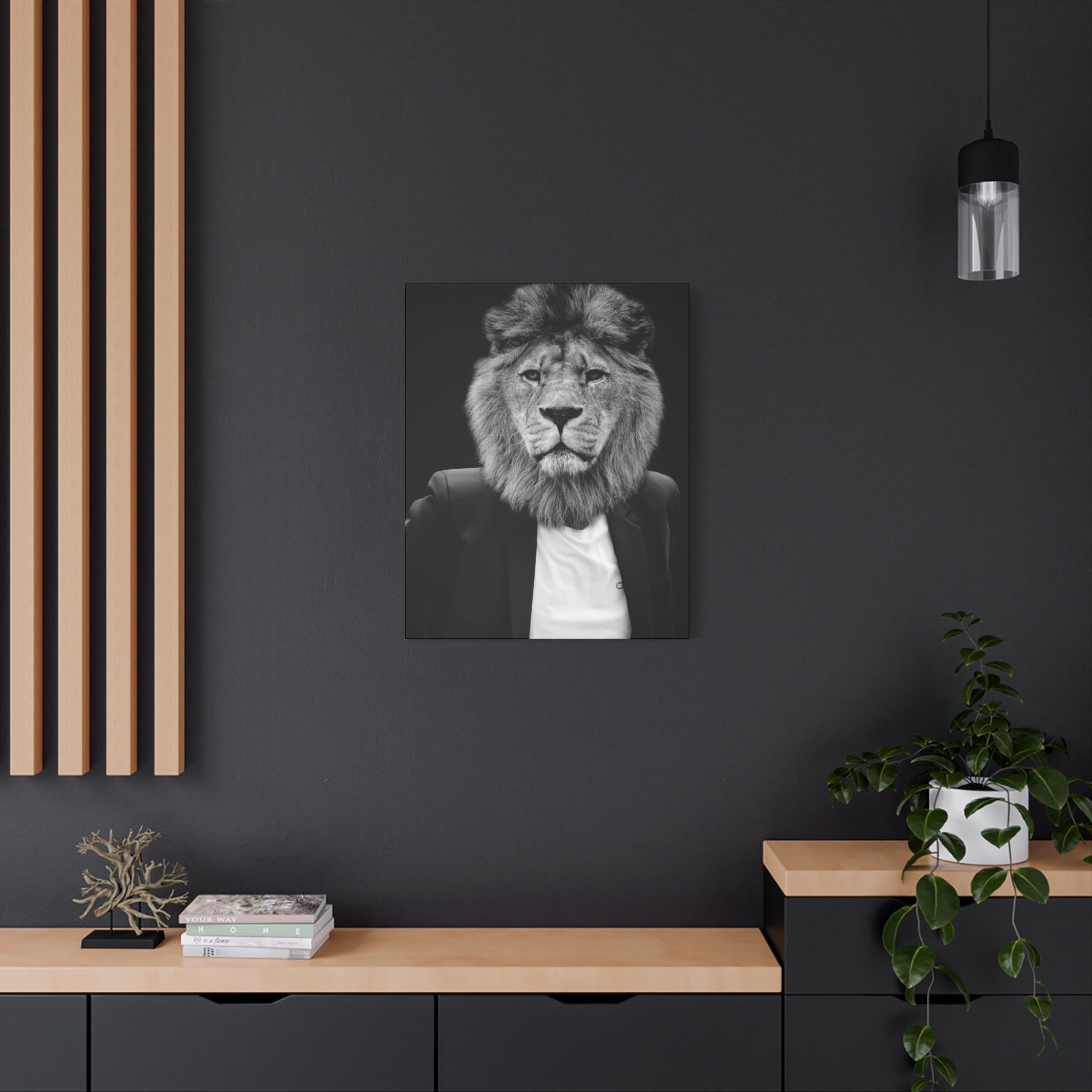 Lion in a Suit Canvas Wall Art - Modern Quirky Animal Portrait