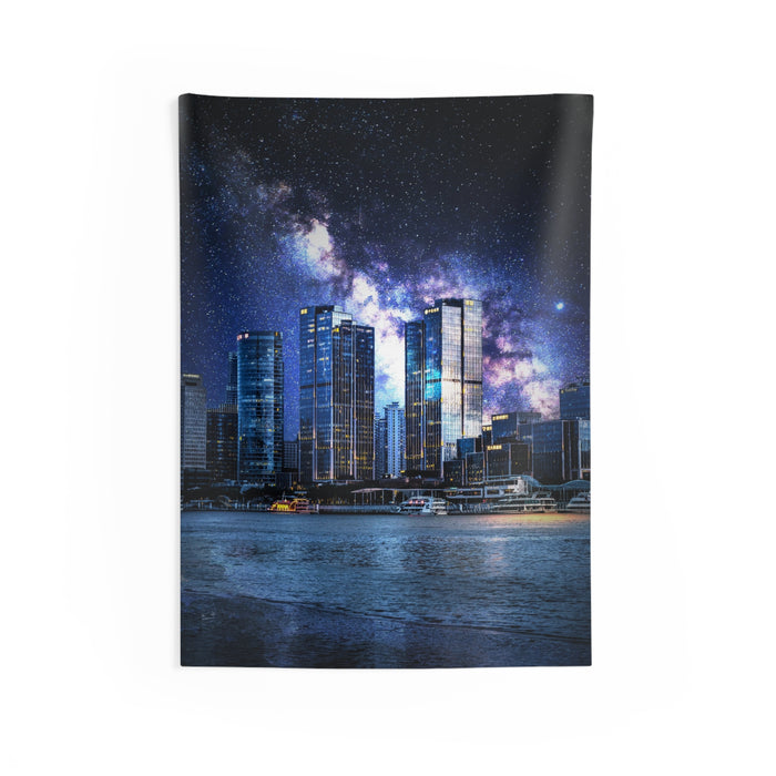 Space Cityscape on the Shore Tapestry - Neon Sci-Fi Coast Wall Hanging