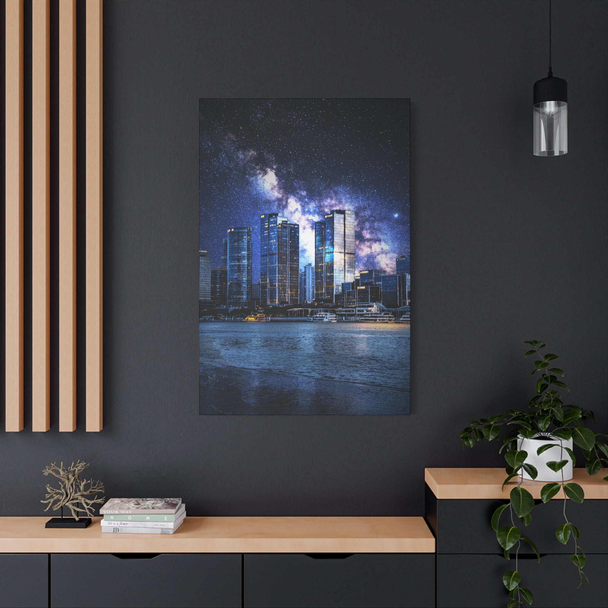 Space Cityscape on the Shore Canvas Wall Art - Neon Sci-Fi Coast Decor
