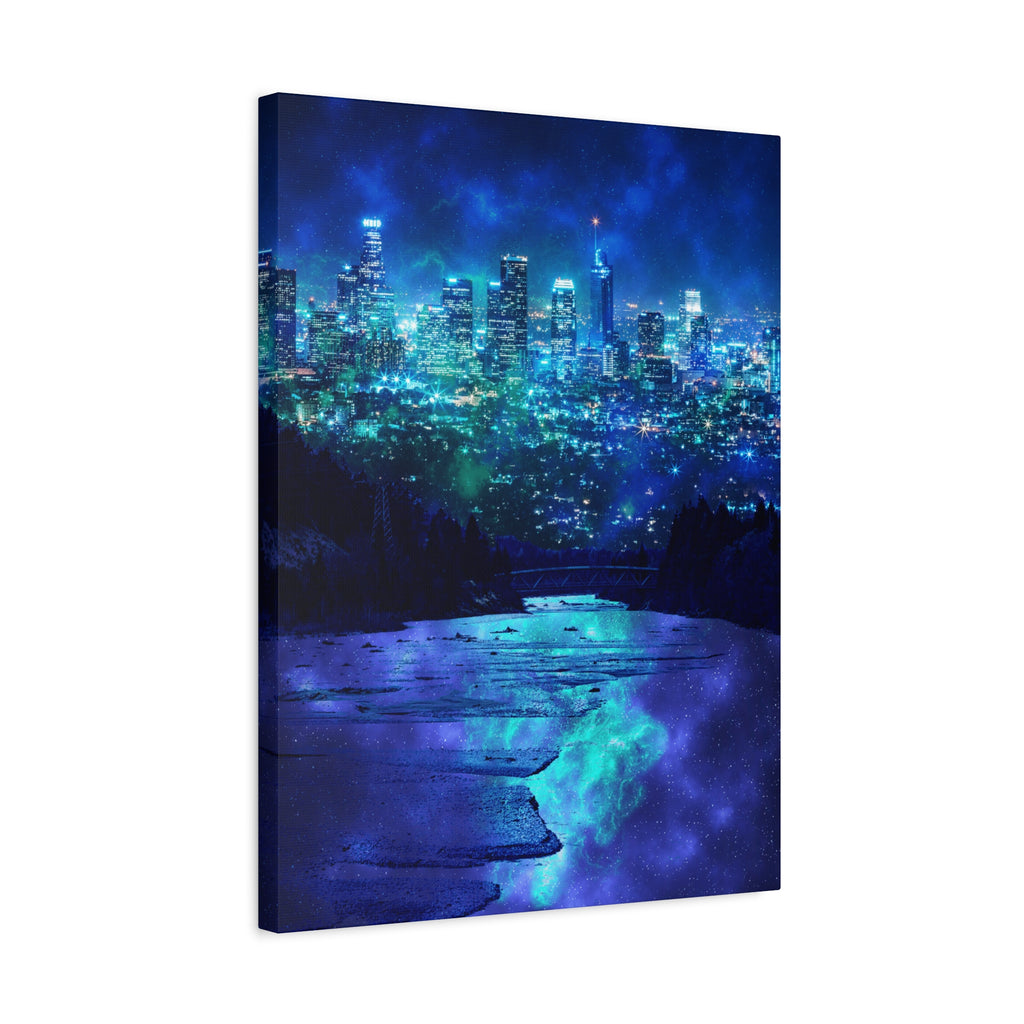Cosmic Frosted City Canvas Art - Winter Metropolitan Nightscape