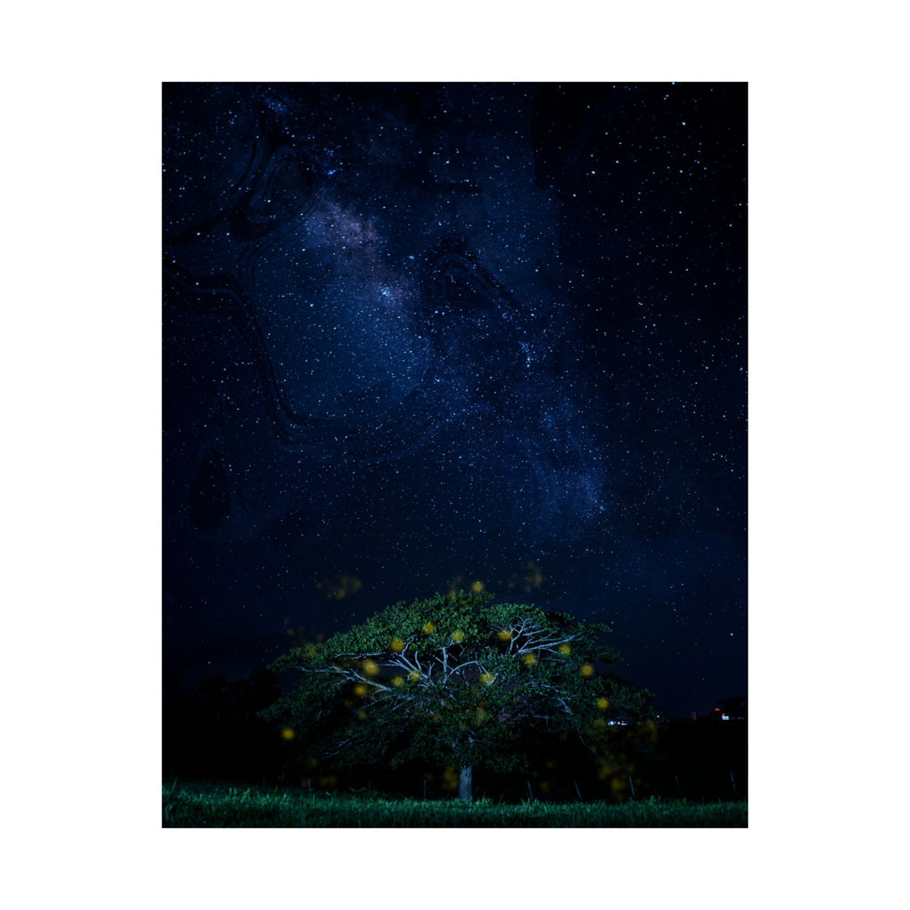 The Great Fairy Tree - Stunning Matte Vertical Poster for Home Decor - Night Sky Art Featuring Fireflies & Stars