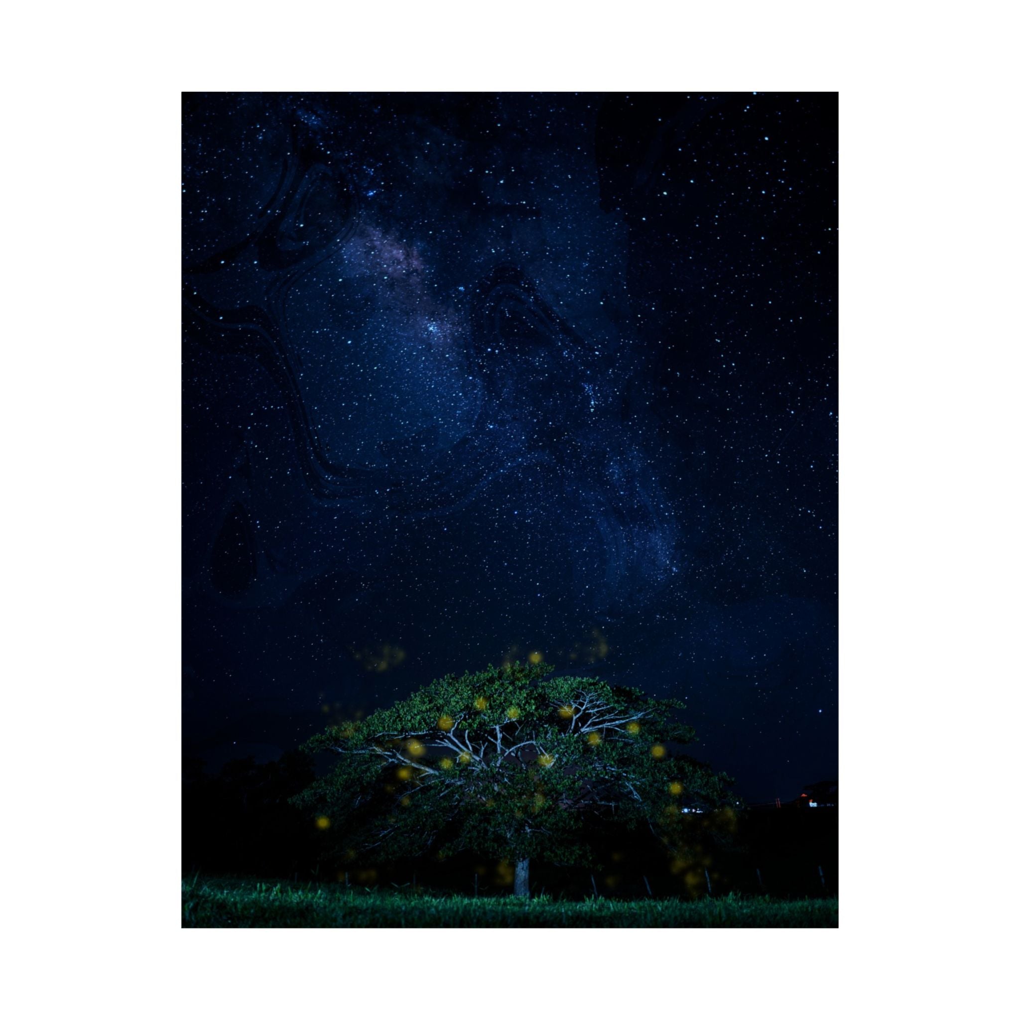 The Great Fairy Tree - Stunning Matte Vertical Poster for Home Decor - Night Sky Art Featuring Fireflies & Stars