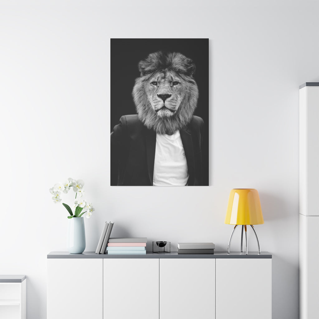 Lion in a Suit Canvas Wall Art - Modern Quirky Animal Portrait
