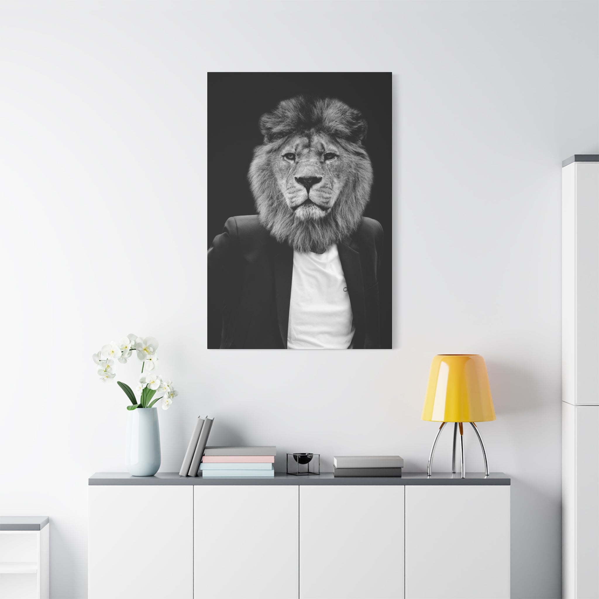 Lion in a Suit Canvas Wall Art - Modern Quirky Animal Portrait