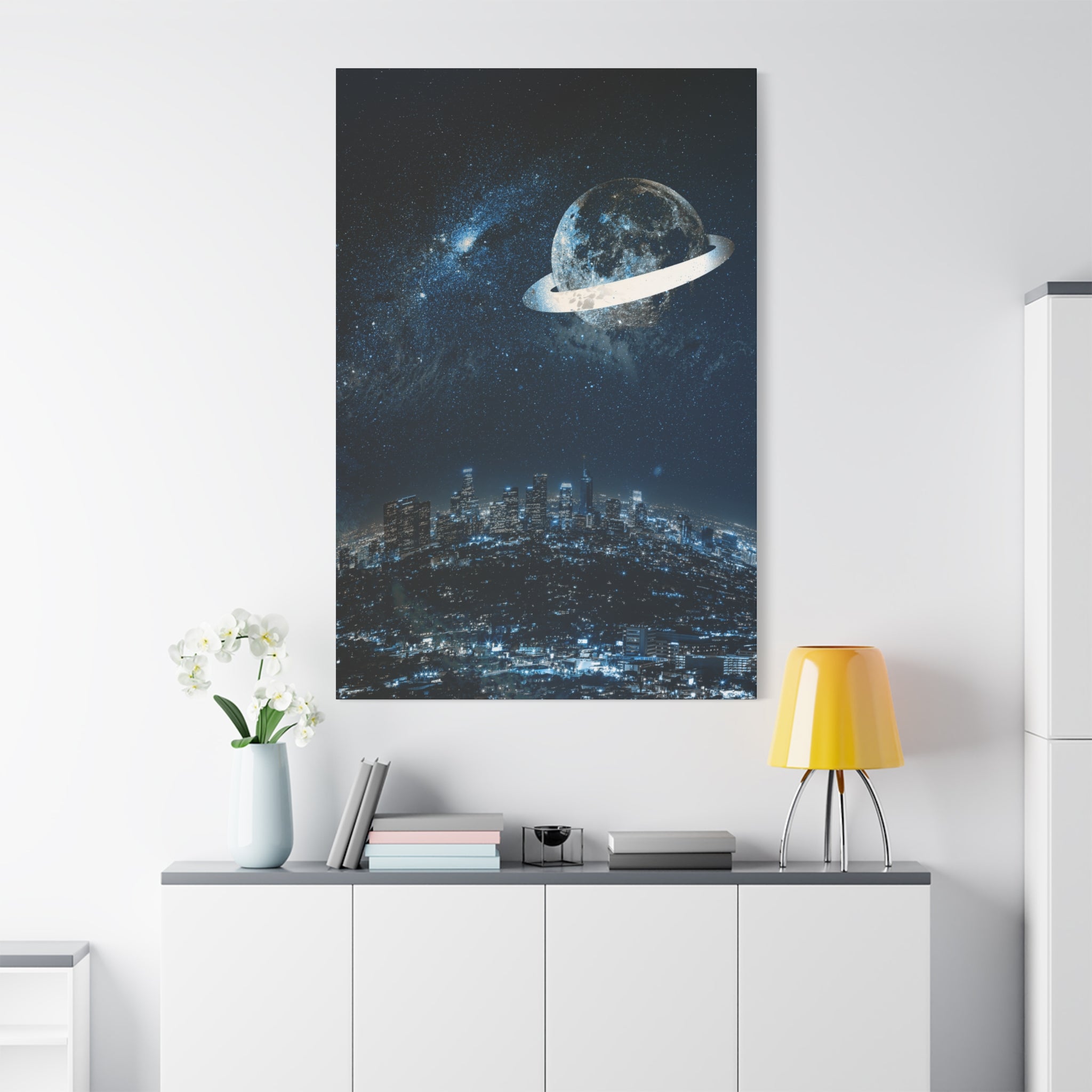 Starlight Cityscape Under a Celestial Moon Canvas Wall Art