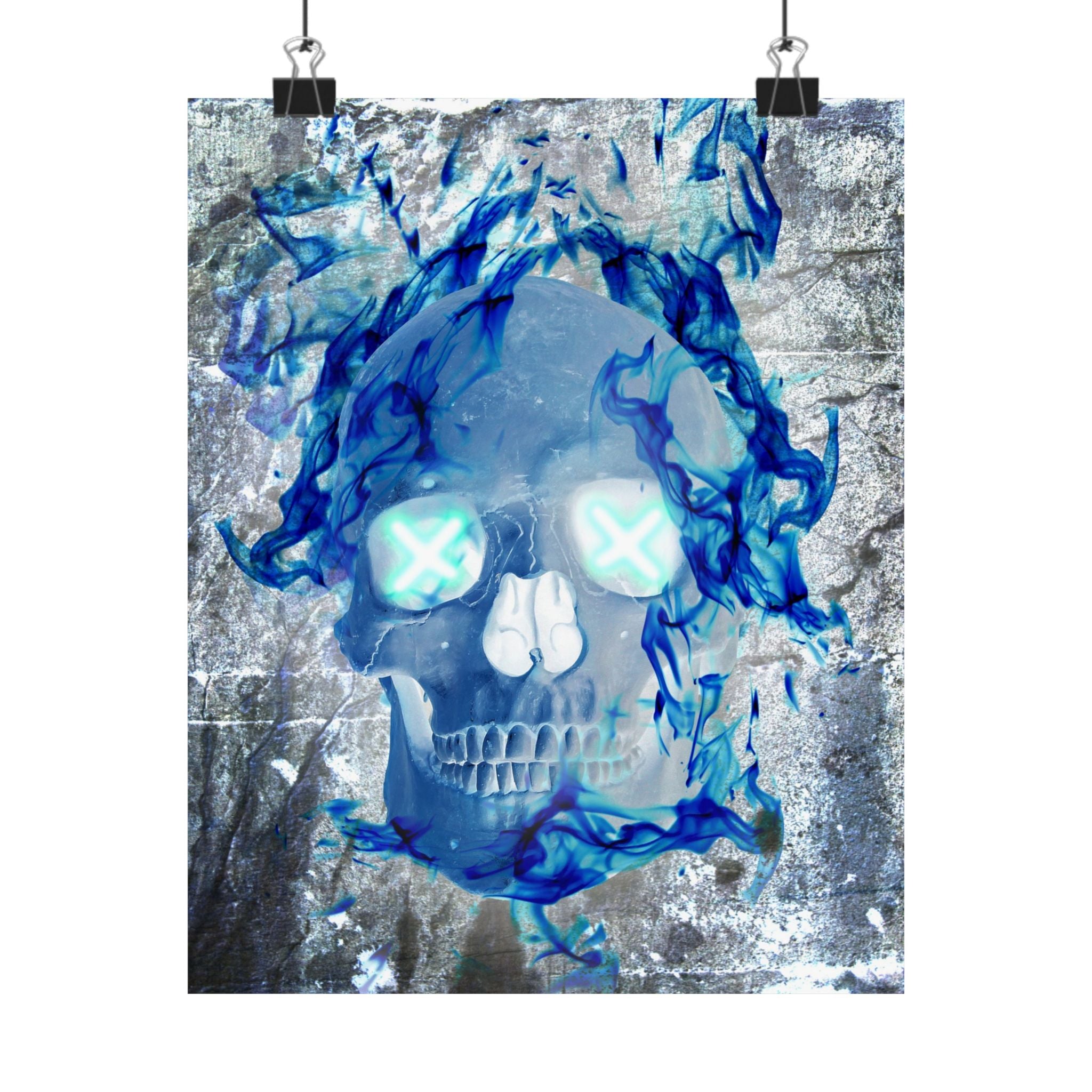 Blue Flame Skull Poster Print - Gothic Fire Skull Art