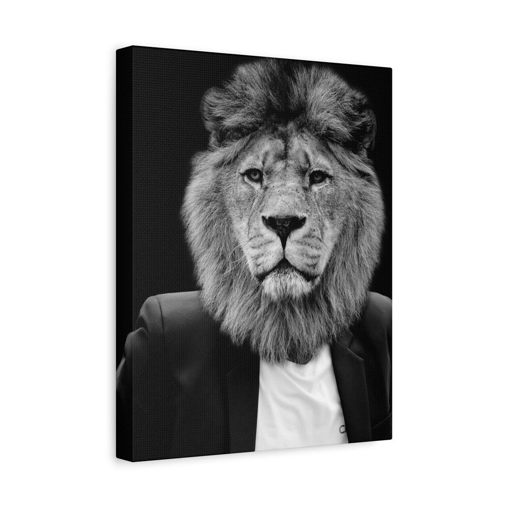 Lion in a Suit Canvas Wall Art - Modern Quirky Animal Portrait