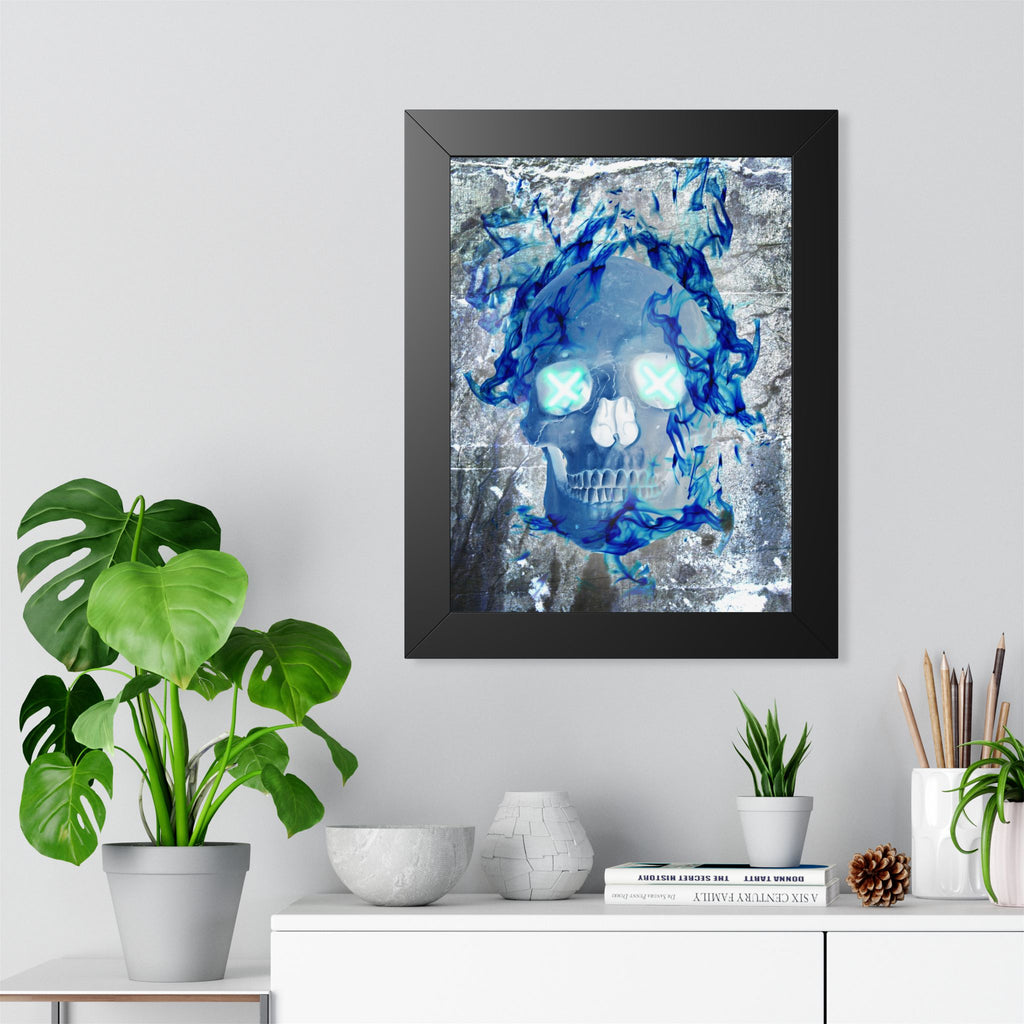 Blue Flame Skull Framed Poster - Gothic Fire Skull Wall Art