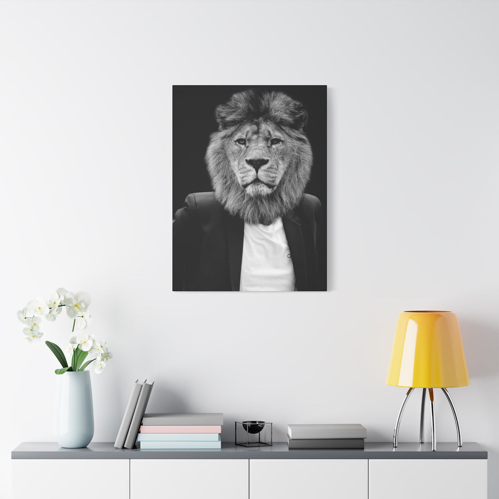 Lion in a Suit Canvas Wall Art - Modern Quirky Animal Portrait