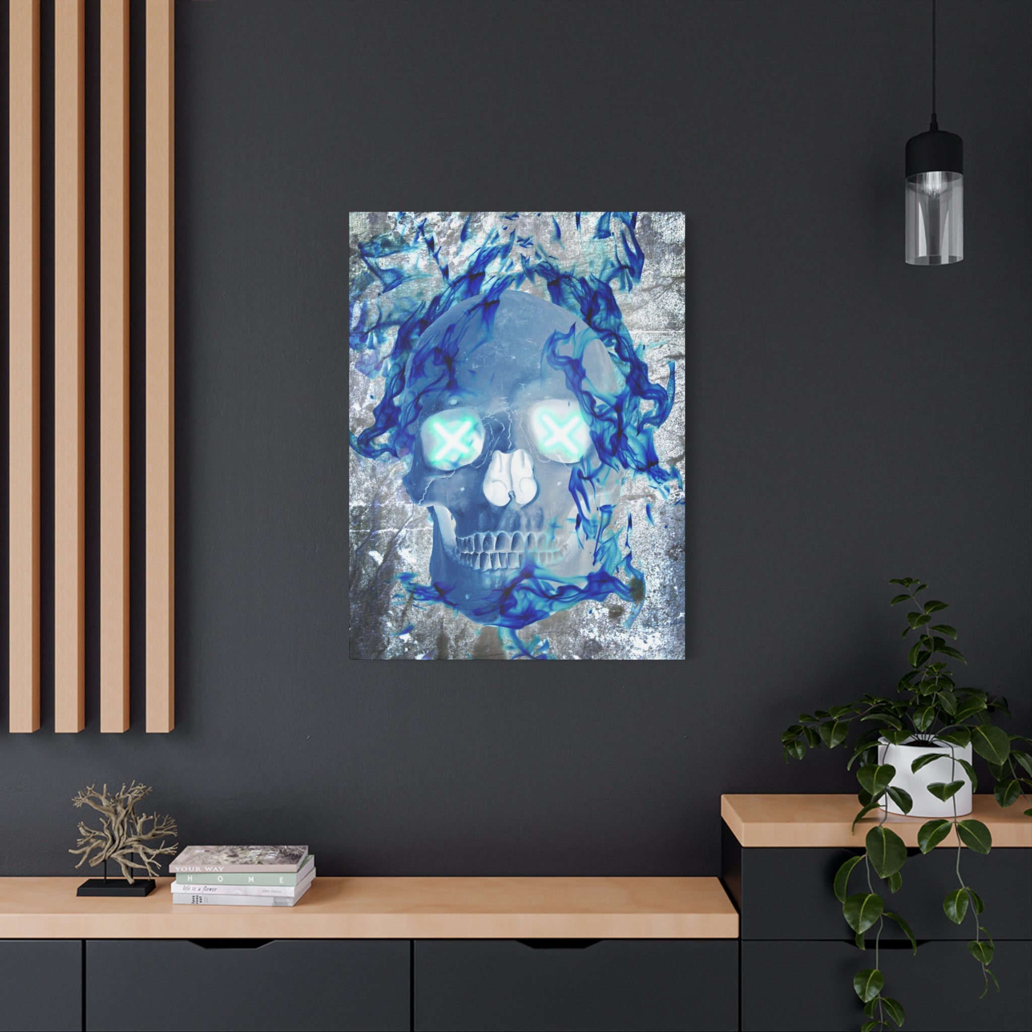 Blue Flame Skull Canvas Wall Art - Gothic Dark Fantasy Decor