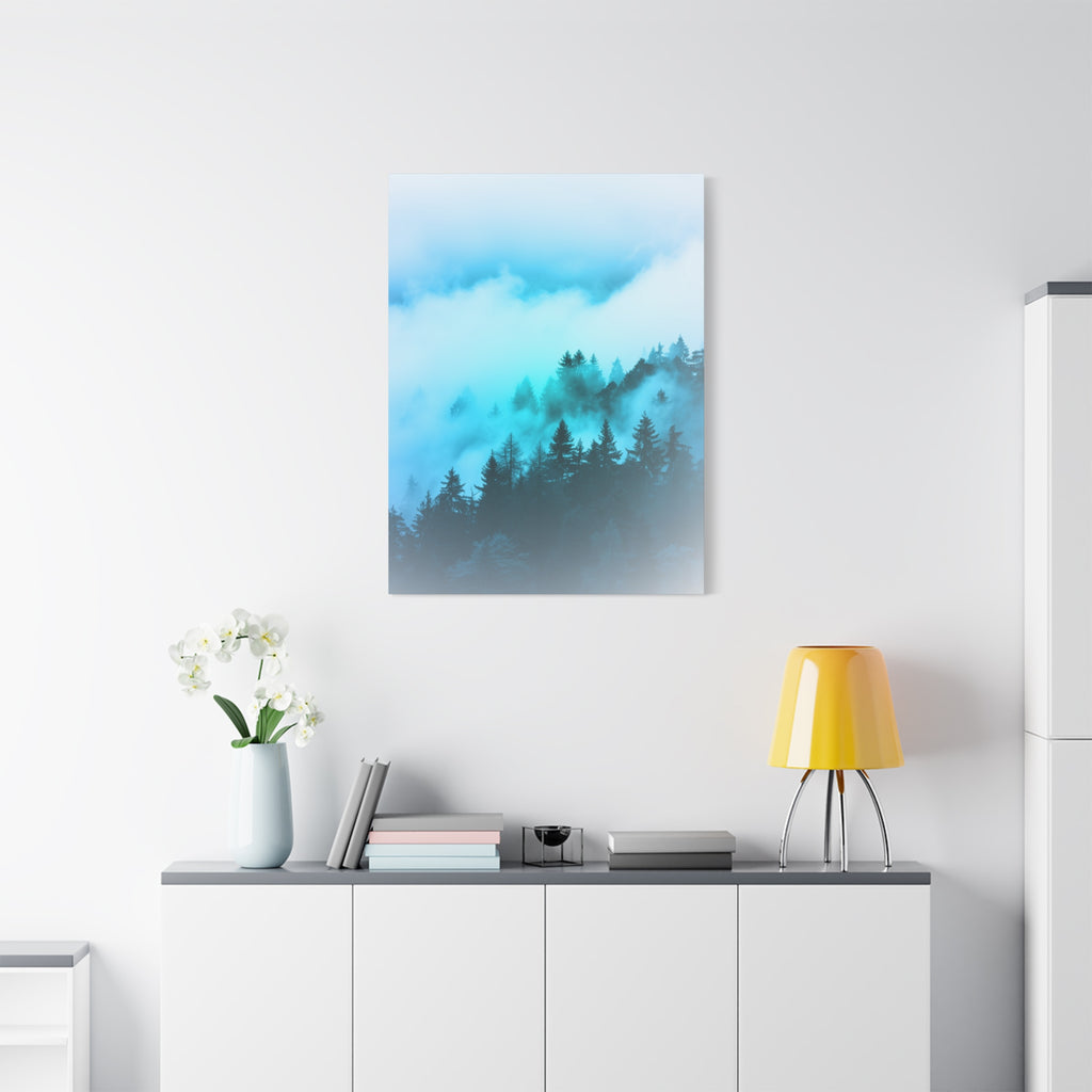Blue Mountain Fog Canvas Wall Art - Misty Forest Nature Decor
